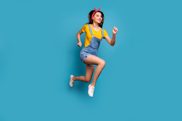 Wall Mural - full length body size view of her she nice attractive lovely cheerful cheery girl jumping running fa