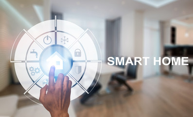Poster - Closeup of young guy using smart home automation control system, pushing house button on digital screen. Collage