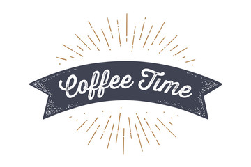 Wall Mural - Flag ribbon Coffee Time. Old school flag banner with text Coffee Time. Ribbon flag in vintage style with linear drawing light rays, sunburst and rays of sun, text coffee time. Vector Illustration