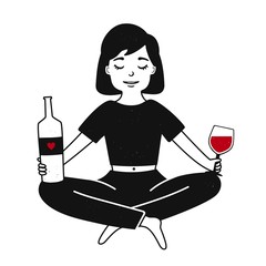 Wall Mural - Vector illustration with relaxed sitting woman holding bottle and glass of red wine.