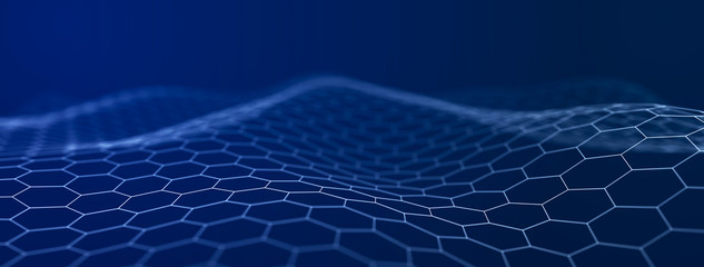 Poster - Futuristic abstract mesh. Wave with the connection of dots and lines. 3D rendering.