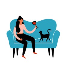 Vector Illustration With Young Woman Drinking Red Wine, Blue Sofa And Black Cat. Colored Print Design With Grunge Dots And Domestic Animal