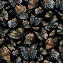 Seamless Pattern With Night Dark Butterflies Set. Abstract Fantasy Design Background For Print, Poster, Fabric, Wallpaper. Watercolor Illustration
