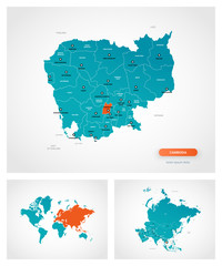 Editable template of map of Cambodia with marks. Cambodia on world map and on Asia map.