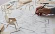 © Chaosamran_Studio - Designer sketching drawing design development product plan draft chair armchair Wingback Interior furniture prototype manufacturing production. designer studio concept .