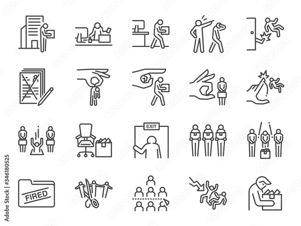 Layoff line icon set. Included icons as employee lay off, job fired, career resign, pay cuts, economic crisis and more. - obrazy, fototapety, plakaty 