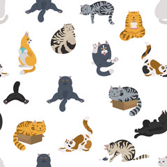 Cartoon cat characters seamless pattern. Different cat`s poses, yoga and emotions set. Flat color simple style design