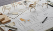 © Chaosamran_Studio - Designer sketching drawing design development product plan draft chair armchair Wingback Interior furniture prototype manufacturing production. designer studio concept .