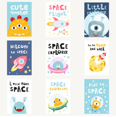 Sticker - Space Posters Set - Cartoon Aliens and Galaxy Monsters with Shuttles, Rockets and Spaceships. Kids Illustration for Baby Clothes, Greeting Card, Nursery Decor. Vector Illustration.