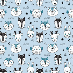 Wall Mural - Seamless pattern with cute animals in scandinavian style.