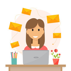 Poster - woman working on laptop. email and communication concept, vector illustration