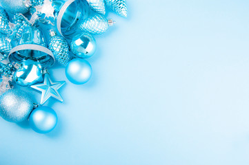 close-up of christmas decorations on the blue background