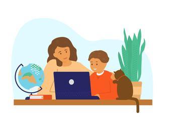 Wall Mural - Homeschool or online education. Mother with child and cat sitting in front of laptop learning. Flat vector illustration.