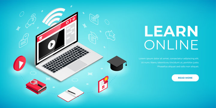 Learn Online banner, education process isometric concept. 3d symbol of video lesson, research of material, practice, exam. E-learning design, online training courses and school vector illustration