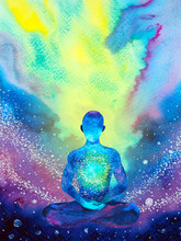 Illustration Of Human Meditate In Yoga Pose With Abstract Watercolor Background