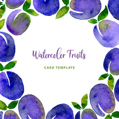 Wall Mural - Watercolor Plum blue purple fruit berry frame round border card. Modern color trendy template for label, banner, card design, poster, cover print.