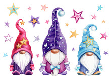 Watercolor Illustration Of Magic Gnomes With Stars On White Background Isolated. Cute Scandinavian Gnomes For Your Design.