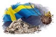 National debt Sweden. Global money loss problem,crisis and bankruptcy risk, budget recession. Wrecking coronavirus ball on chain hangs near cracked bank. crack business, economy.