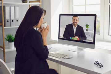 Online work video chat conference. Business woman talking listening working learning video chat online internet video call application webcam business communication at office home.