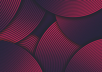 A luxurious overlapping circular design pattern with coral, blue and purple color gradient and copy space