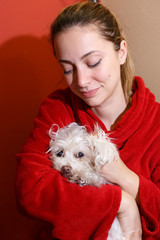  ritratto ragazza bianca a casa insieme al suo cane maltese che guarda serena