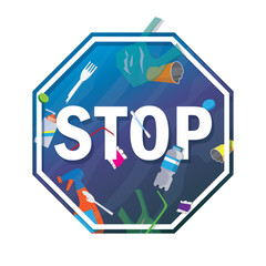 Stop sign plastic ocean pollution.Stock vector flat illustration.Garbage in the ocean.Ecological problem and catastrophe.Recycling plastic.Motivation poster, social advertisement,banner,watchword