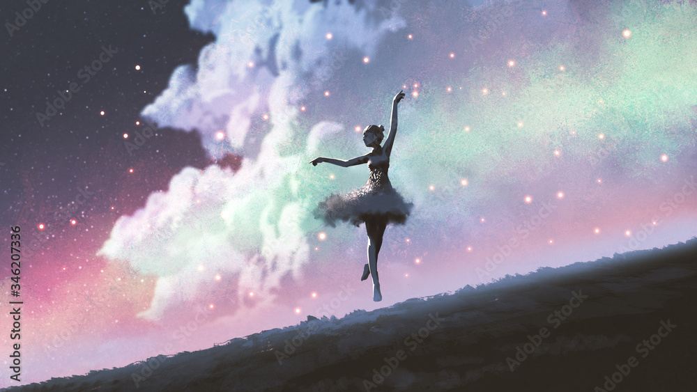 a ballerina dancing with fireflies on the hill against the night sky, digital art style, illustration painting - obrazy, fototapety, plakaty 