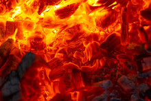 red hot coals in a blast furnace for metal melting. metal mining and processing industry. Red coals from a burnt fire made of wood