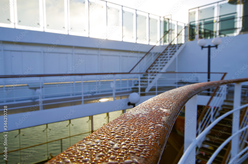 Storm Rails In Ship Raindrops on wooden handrail of metal railing on cruiseship or cruise ...
