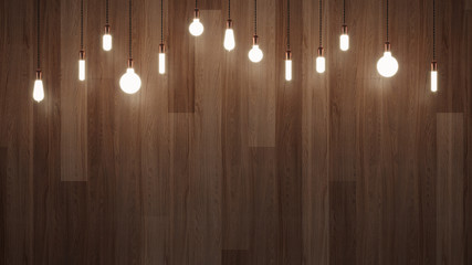 Decorative vintage light bulbs on a wooden wall background. 3D rendering.