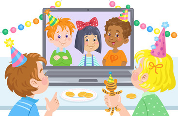 Wall Mural - Happy birthday! Children's holiday with friends on a laptop screen. Video chat online. Internet communication during quarantine. In cartoon style. Vector flat illustration.