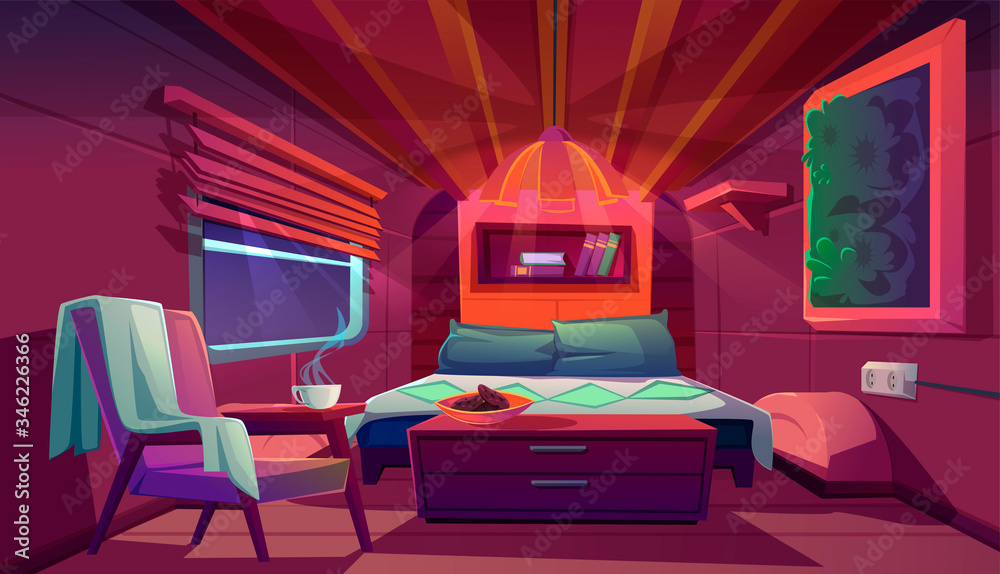 Vector de Stock Camper interior with bed, bookshelves, chair and ...