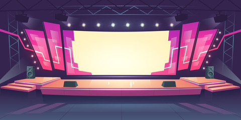 Poster - concert stage with screen illuminated by spotlights. vector cartoon illustration of empty scene for 