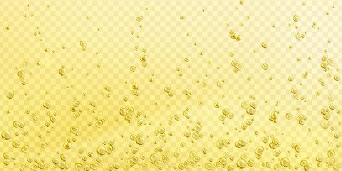 Wall Mural - Air bubbles on yellow champagne, soda drink or water surface abstract background. Dynamic fizzy motion, transparent champagne with moving underwater fizzing or moisture drops, realistic 3d vector.