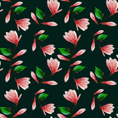 Sticker - Seamless pattern with blooming magnolia flowers and leaves. Gouache illustration. Pattern on isolated dark green background for your design, wrapping paper, fabric, background