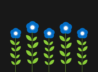 Sticker - Blue flowers plants growing in the garden on black background.