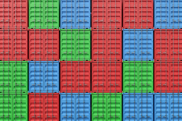 Poster - 3d rendering of multiple red, blue and green closed shipping containers stacked on one another.