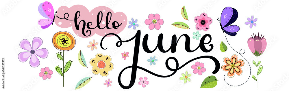 June Month Spring Hello June. June month vector decoration with flowers, butterflies and ...