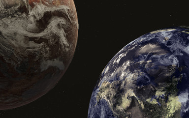Wall Mural - dead and alive planet earth in the space. global disaster concept. science fiction. 3d rendered illu