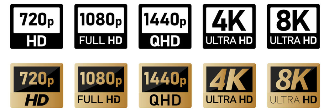 Video or tv screen resolution icons set. Black, white and golden version, size from 720p to 8k