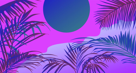 Aufkleber - Tropical summer sunset landscape with coconut palm trees or ferns. Lounge atmosphere on vacations. Vaporwave and retrowave style illustration for print or cover.