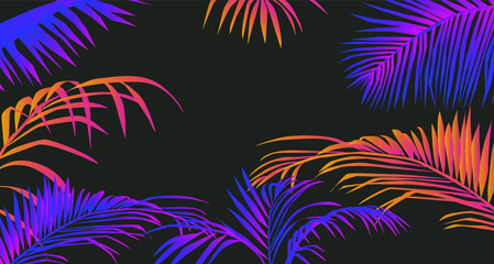 Aufkleber - Tropical summer landscape with coconut palm trees or ferns. Lounge atmosphere on vacations. Vaporwave and retrowave style illustration for print or cover.