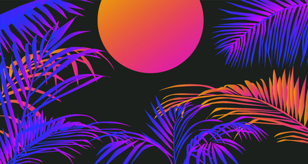 Aufkleber - Tropical summer sunset landscape with coconut palm trees or ferns. Lounge atmosphere on vacations.Vaporwave and retrowave style illustration for print or cover.