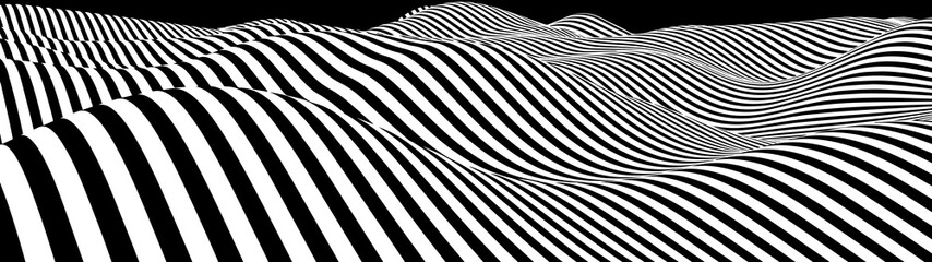 Poster - Abstract wave of white and black curved lines. Hallucination. Optical illusion. Twisted illustration. Futuristic background of lines. Dynamic wave. Vector.