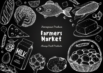 Wall Mural - Organic food illustration. Farmers market design elements. Hand drawn sketch. Various food frame. Good food store concept.