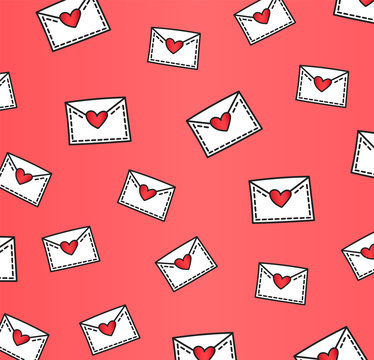Pattern with love words, hearts, envelope, flowers. Valentine's Day pattern. Wrapping paper or fabric.