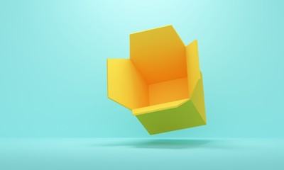 Poster - Blue studio background with yellow empty open box. 3d rendering