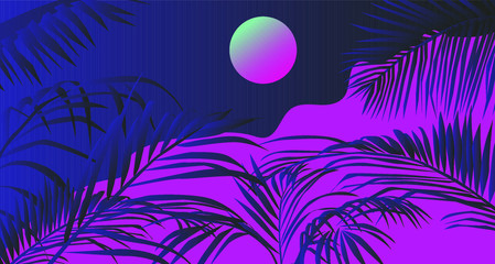 Poster - Sunset above the ocean, landscape with coconut palm trees or ferns. Lounge atmosphere on vacations. Vaporwave and retrowave style illustration for print or cover.
