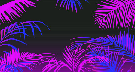 Poster - Tropical summer landscape with coconut palm trees or ferns. Lounge atmosphere on vacations. Vaporwave and retrowave style illustration for print or cover.
