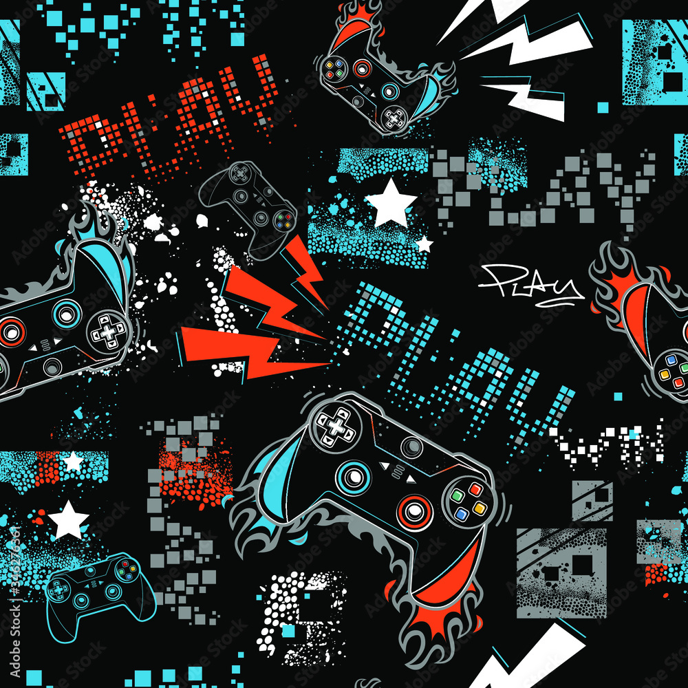 Graffiti seamless pattern with joystick sign. Gamer elements for boy t ...